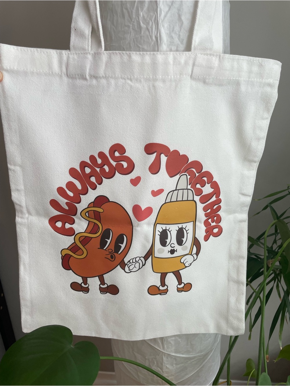 Playful Hotdog & Mustard Canvas Tote - White